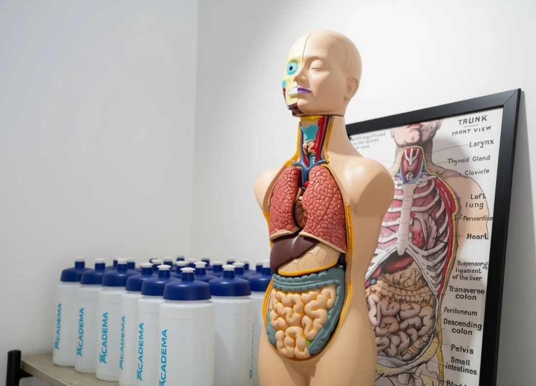 Anatomisk modell och Academa-flaskor